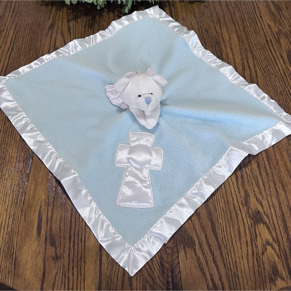 Baby Boom Blue Lovey Security Blanket White Angel Bear Satin Cross Trim